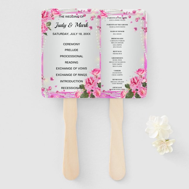 Pink Roses And Pearls Wedding Program Hand Fan (Front and Back)