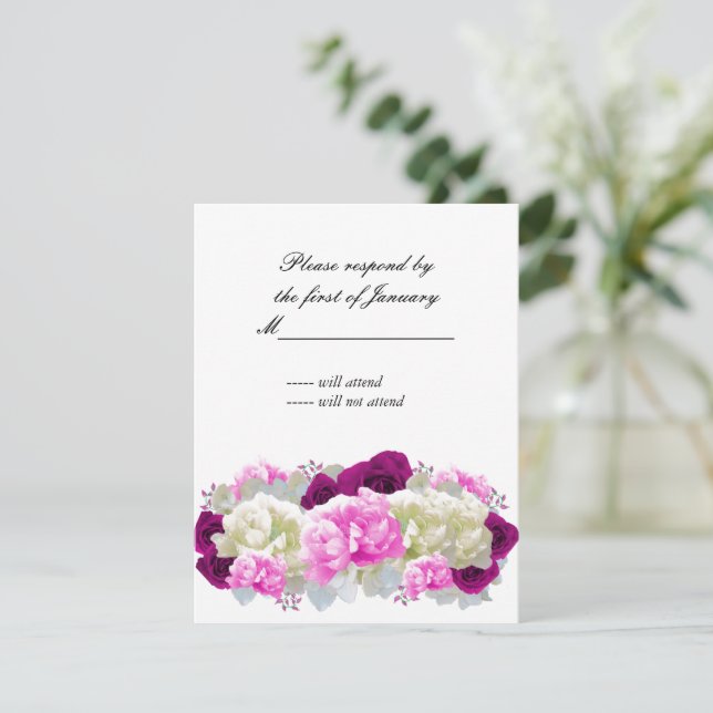 Pink Roses and Peonies Reply Card (Standing Front)