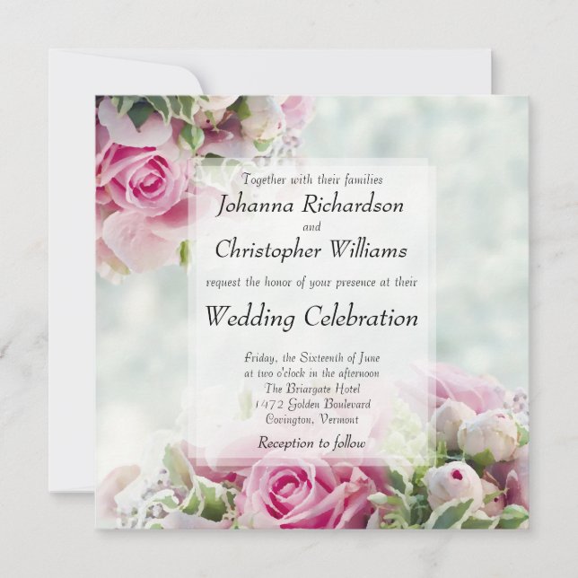 Pink Roses and Peony Buds Square Floral Wedding Invitation (Front)