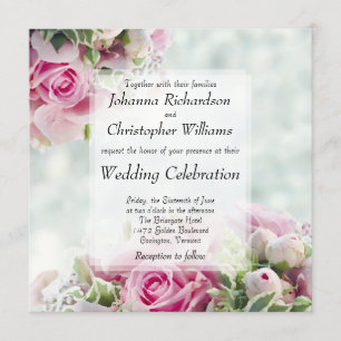 Pink Roses and Peony Buds Square Floral Wedding Invitation