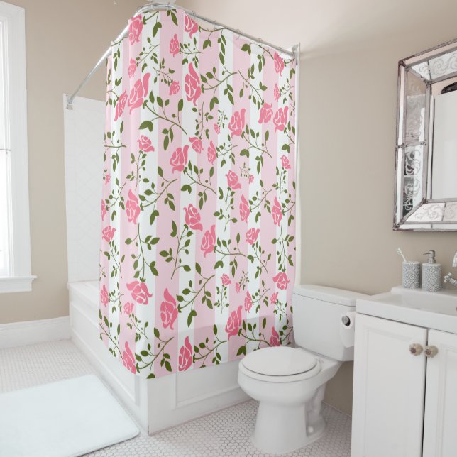 Pink Roses And Pink Stripes White Background Shower Curtain (In Situ)