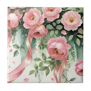 Pink Roses and Ribbons Ceramic Tile