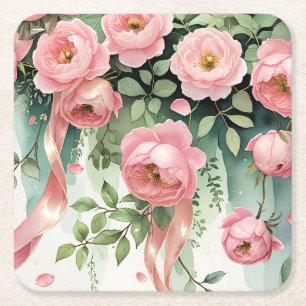 Pink Roses and Ribbons Square Paper Coaster