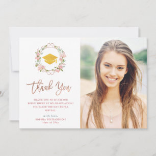 Pink Roses and Rose Gold Script Photo Graduation Thank You Card