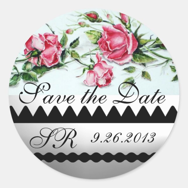 PINK ROSES AND ROSEBUDS Save The Date Monogram Classic Round Sticker (Front)
