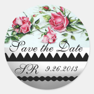 PINK ROSES AND ROSEBUDS Save The Date Monogram Classic Round Sticker
