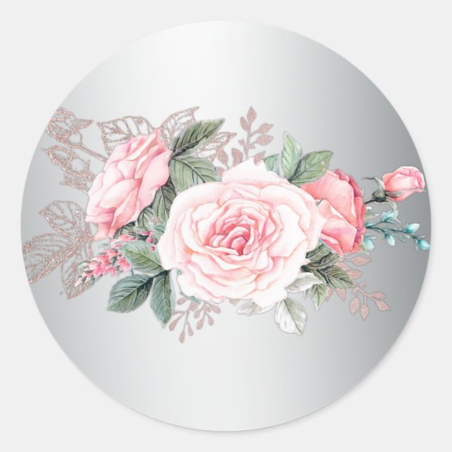 Pink Roses and Silver Wedding Classic Round Sticker (Front)