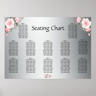 Pink Roses and Silver Wedding Reception Seating Poster