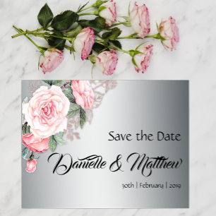 Pink Roses and Silver Wedding Save the Date Announcement Postcard