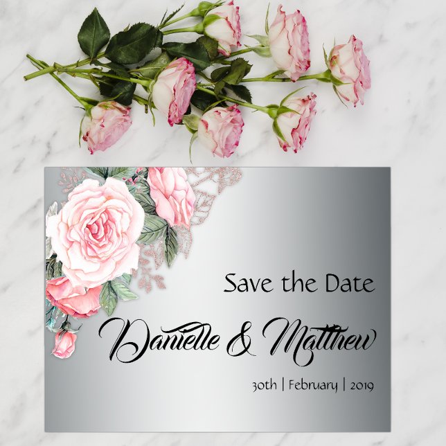 Pink Roses and Silver Wedding Save the Date Announcement Postcard (Creator Uploaded)