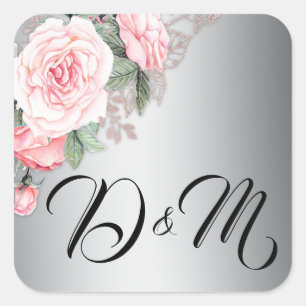 Pink Roses and Silver Wedding Square Sticker