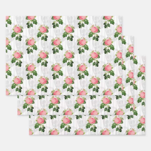 Pink Roses and Skulls on White Wrapping Paper Sheet (Set)