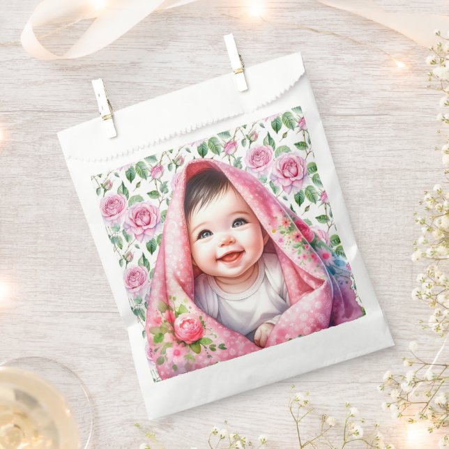 Pink Roses and Smiling Baby Girl's Baby Shower Favour Bag (Clipped)