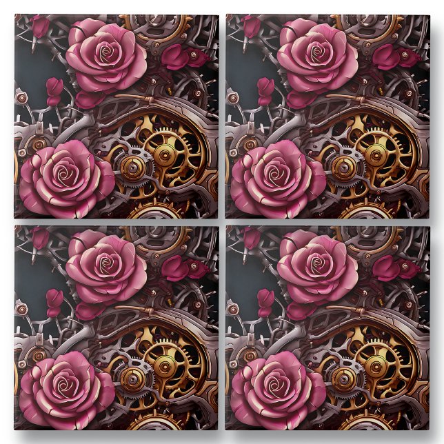 Pink Roses and Steampunk Metal Gears Ceramic Tile (Creator Uploaded)