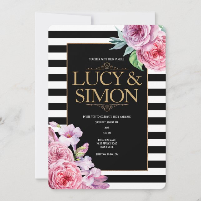 Pink Roses and Stripes Wedding Invitation (Front)
