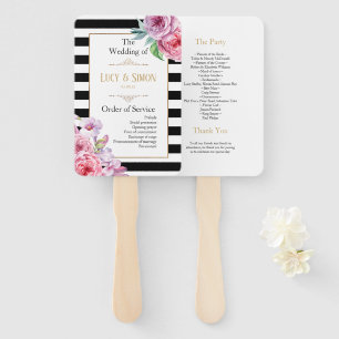Pink Roses and Stripes Wedding Program Hand Fan