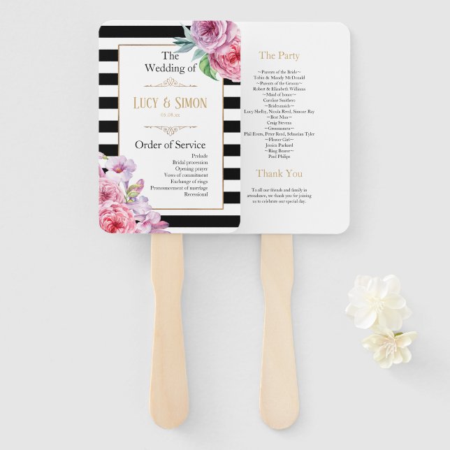 Pink Roses and Stripes Wedding Program Hand Fan (Front and Back)