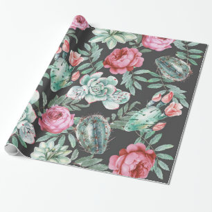 Pink Roses and Succulent Cactus Pattern on Black Wrapping Paper
