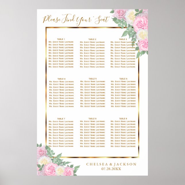 Pink Roses and White - 9 Seating Chart (Front)