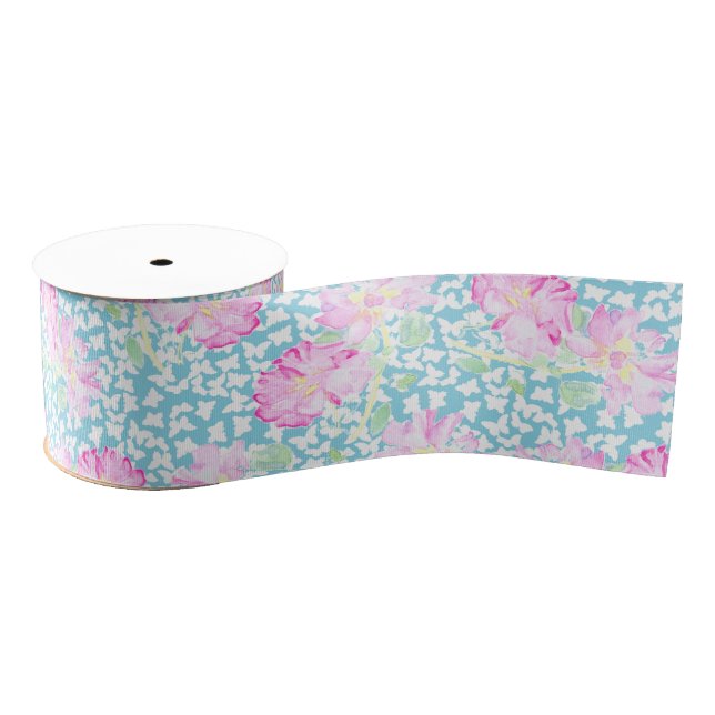 Pink Roses and White Butterflies on Blue Ribbon Grosgrain Ribbon (Spool)