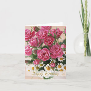 Pink roses and white daisy Birthday Card
