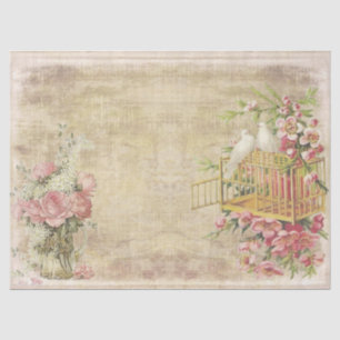 Pink Roses and White Doves on Tan Distressed Tissue Paper