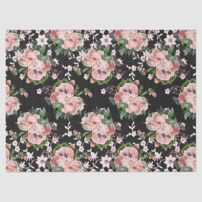 Pink Roses and White Flowers on Black Decoupage Tissue Paper (Front)