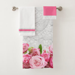 Pink Roses and White Lace Towel Set