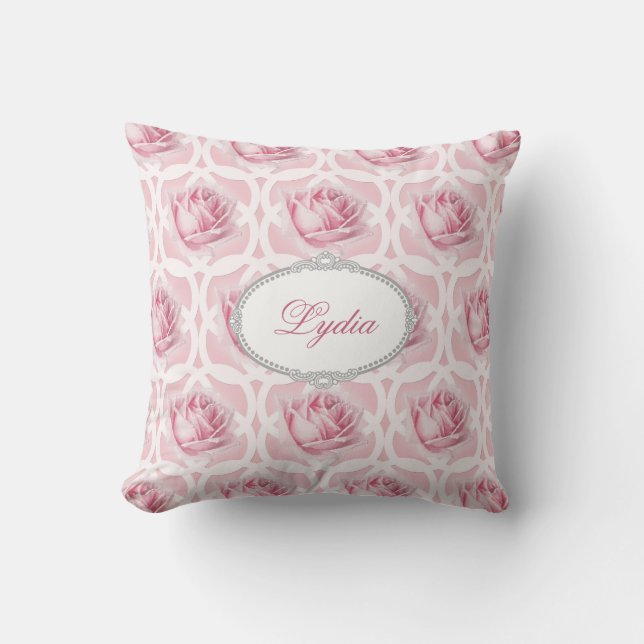 Pink Roses and White Quatrefoil Repeating Pattern Cushion (Front)