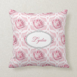 Pink Roses and White Quatrefoil Repeating Pattern Cushion