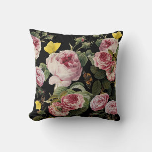 PINK ROSES AND YELLOW BUTTERFLIES Black Floral Cushion