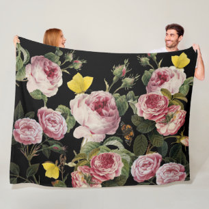 PINK ROSES AND YELLOW BUTTERFLIES Black Floral Fleece Blanket