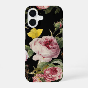 PINK ROSES AND YELLOW BUTTERFLIES Black Floral iPhone 16 Case