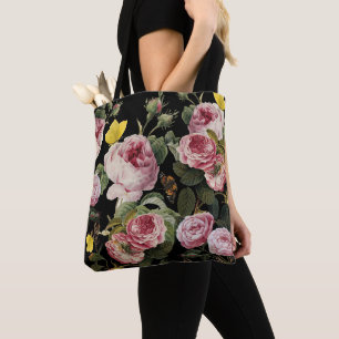 PINK ROSES AND YELLOW BUTTERFLIES Black Floral Tote Bag