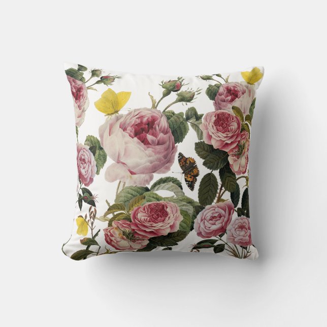 PINK ROSES AND YELLOW BUTTERFLIES White Floral Cushion (Front)
