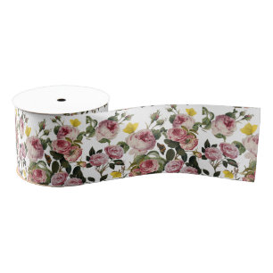 PINK ROSES AND YELLOW BUTTERFLIES White Floral Grosgrain Ribbon