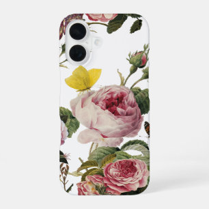 PINK ROSES AND YELLOW BUTTERFLIES White Floral iPhone 16 Case