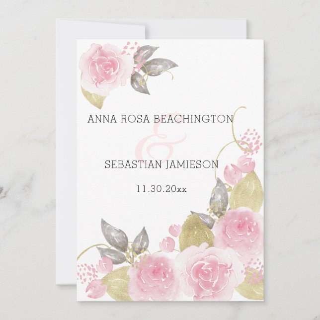 *~* Pink Roses AR12 PHOTO QR - RSVP Floral Wedding Invitation (Front)