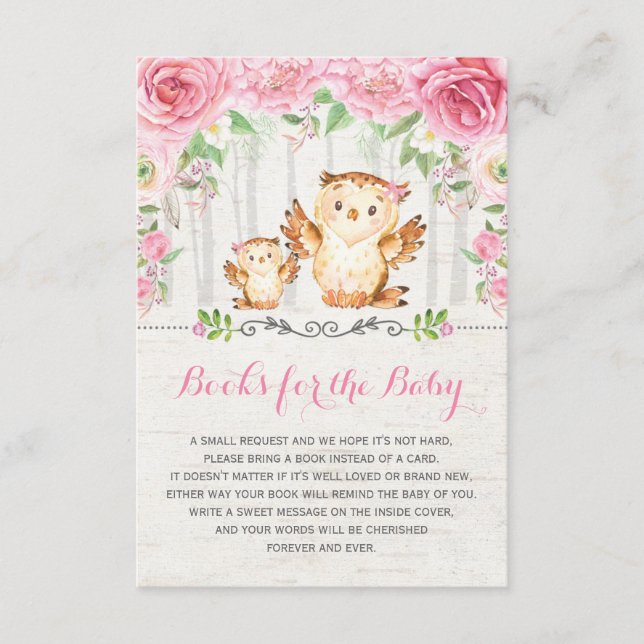 Pink Roses Baby Girl Owl Bring a Book Insert Card (Front)