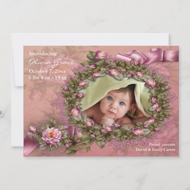 Pink Roses Baby Girl Photo Birth Announcements (Front)