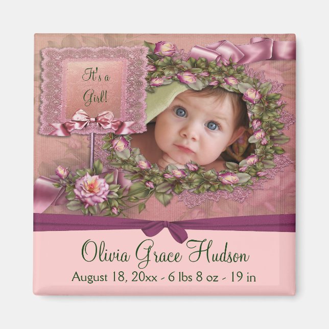 Pink Roses Baby Girl Photo Birth Magnets (Front)