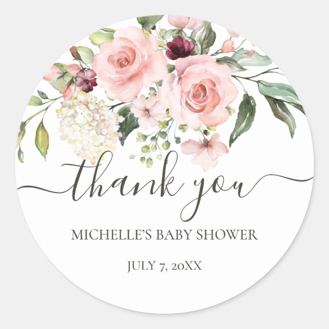 Pink Roses Baby Shower Thank You Favour Stickers (Front)