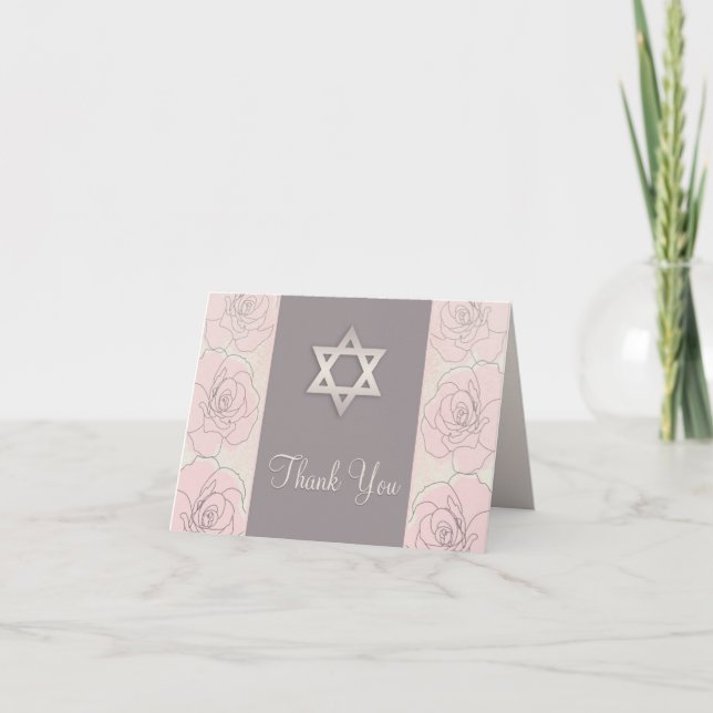 Pink roses  Bat Mitzvah Thank You Card (Front)