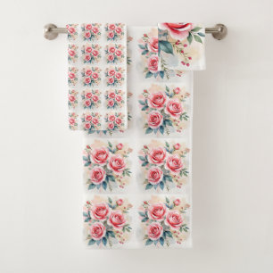 Pink Roses Beautiful Luxury Modern Collection Bath Towel Set