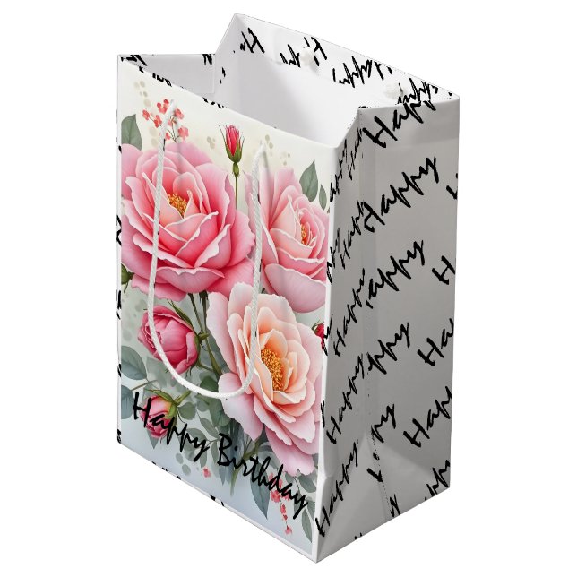 Pink Roses Beautiful Luxury Popular Collection Medium Gift Bag (Front Angled)
