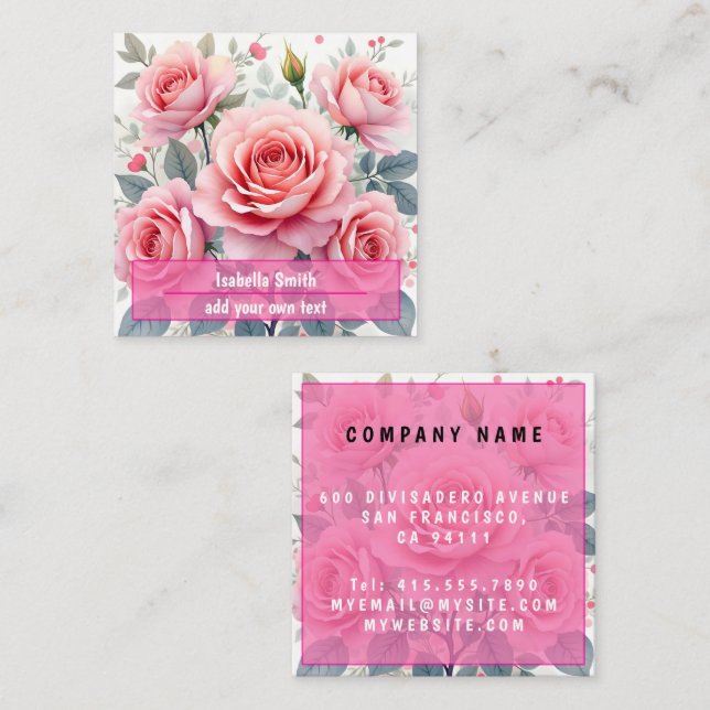 Pink Roses Beautiful Luxury Trendy Collection Square Business Card (Front/Back)