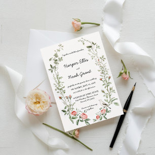 Pink Roses Bird Watercolor Hand-Written Wedding Invitation