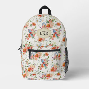 Pink Roses & Birds Pattern 3-Letter Monogram Printed Backpack
