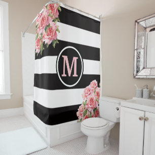 Pink Roses Black and White Striped Monogram Shower Curtain