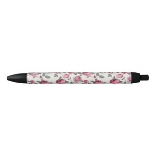 Pink Roses Black Ink Pen